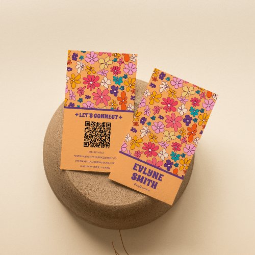 Retro Colorful QR Code Groovy Floral Trendy Boho Business Card