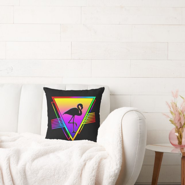 Retro Colorful Rainbow Modern Flamingo Bird Throw Pillow (Couch)