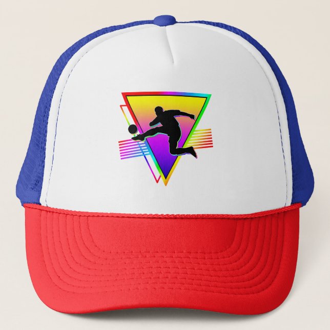 Retro Colorful Rainbow Soccer Player Trucker Hat (Front)