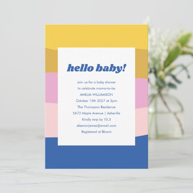 Retro Colorful Shapes Unique Blue Baby Shower Invitation (Standing Front)