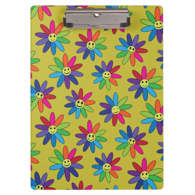 Retro  Colorful Smiling Flowers  in rainbow colors Clipboard (Front)