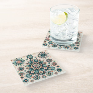Retro Colorful Snowflake Winter Pattern Glass Coaster