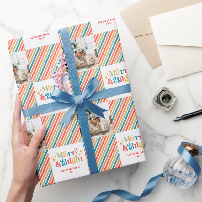 Retro Colorful Stripes Merry and Bright Photo Wrapping Paper (Gifting)