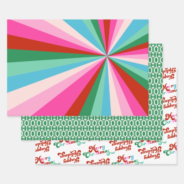 Retro Colorful Stripes, Patterns & Fonts Christmas Wrapping Paper Sheets (Set)