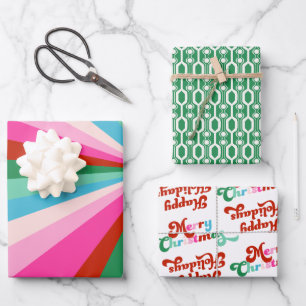 Retro Colorful Stripes, Patterns & Fonts Christmas Wrapping Paper Sheets