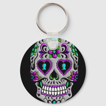 Retro Colorful Sugar Skull Keychain by Funky_Skull at Zazzle