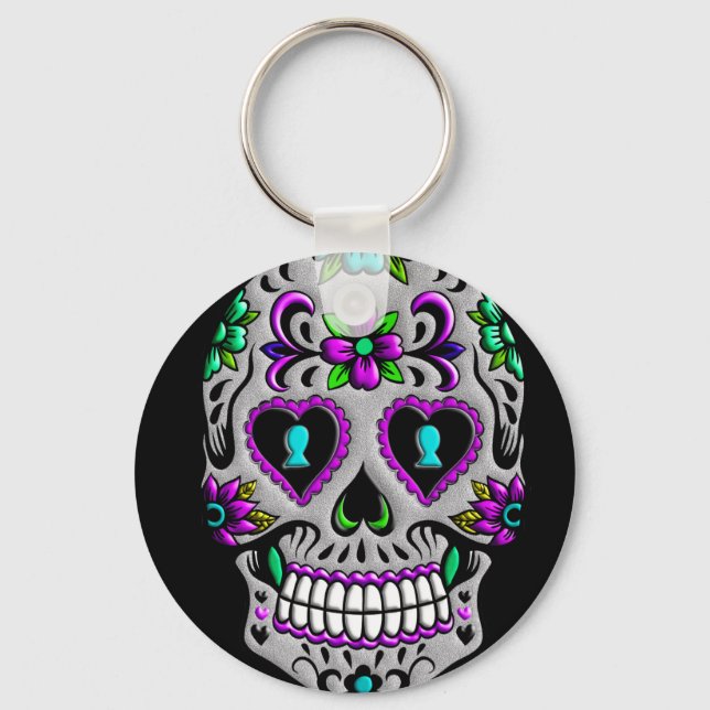 Retro Colorful Sugar Skull Keychain (Front)