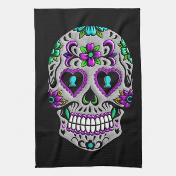 Retro Colorful Sugar Skull Kitchen Towel by Funky_Skull at Zazzle