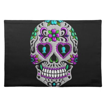 Retro Colorful Sugar Skull Placemat by Funky_Skull at Zazzle