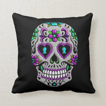 Retro Colorful Sugar Skull Throw Pillow by Funky_Skull at Zazzle