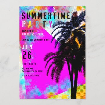 Retro Colorful Summertime Beach Party Palm Trees Invitation by printabledigidesigns at Zazzle
