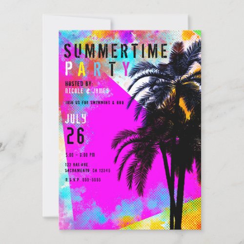 Retro Colorful Summertime Beach Party Palm Trees Invitation