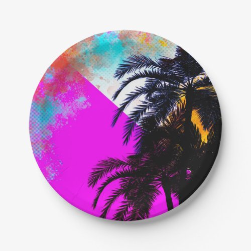 Retro Colorful Summertime Beach Party Palm Trees Paper Plates