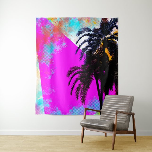 Retro Colorful Summertime Beach Party Palm Trees Tapestry (In Situ)