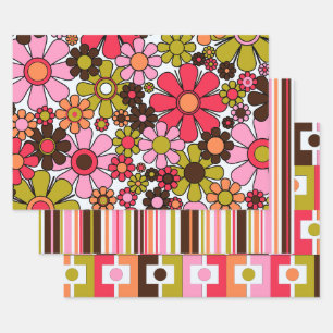 Retro Colorful Trendy Mixed Patterns with Pink Wrapping Paper Sheets