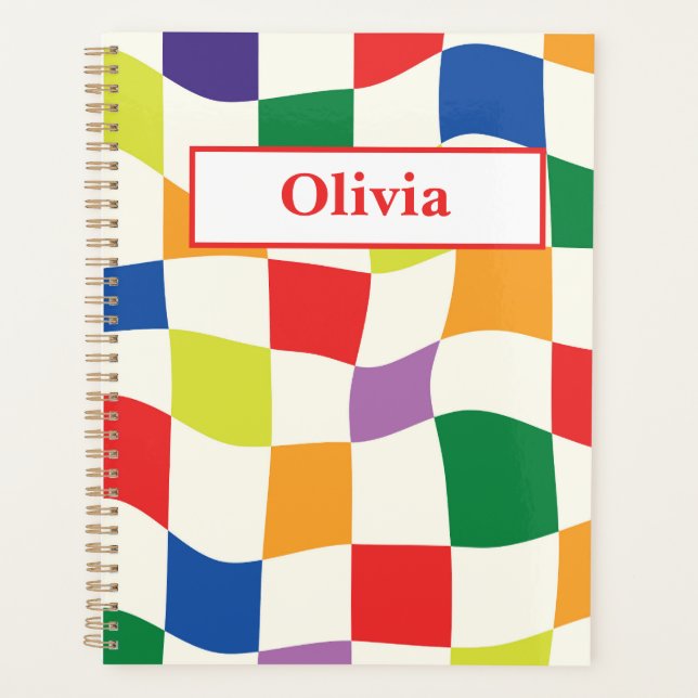 Retro Colorful Warped Checkerboards Custom Name  Planner (Front)