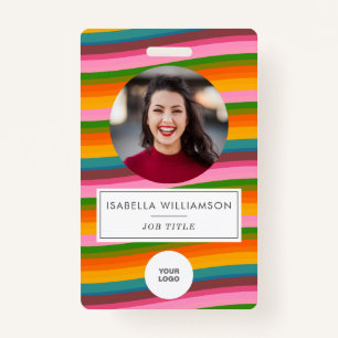 Retro Colorful Wavy Stripes Cute Employee Photo ID Badge
