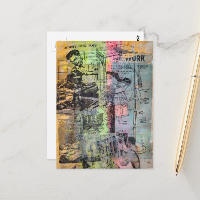 Retro Colorful Woodworking mixed media collage  Postcard (Front/Back In Situ)