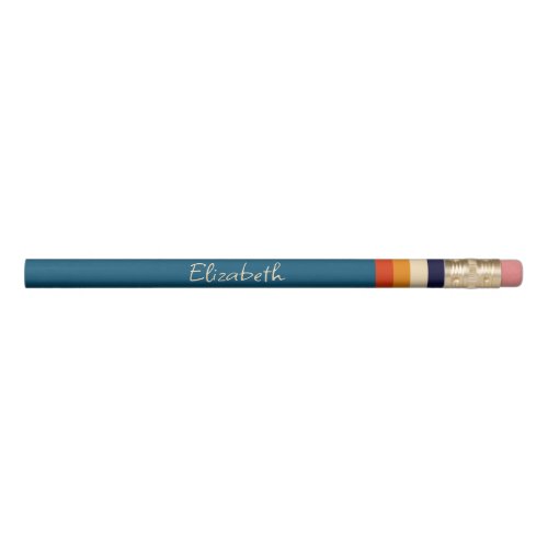 Retro Colors Blue Orange Bisque Stripes Kids Name Pencil