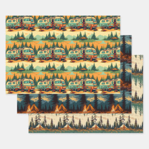 Retro Colors Camping Themed  Wrapping Paper Sheets