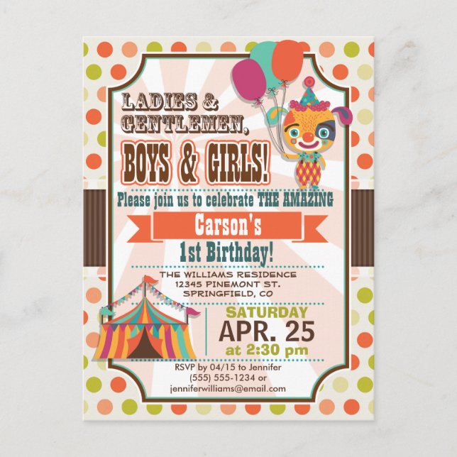 Retro Colors Circus Puppy Birthday Party Invitation Postcard (Front)