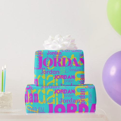 Retro Colors Repeating Name Hot Pink Blue Yellow Wrapping Paper