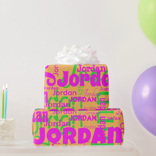 Retro Colors Repeating Name Orange Hot Pink Green  Wrapping Paper