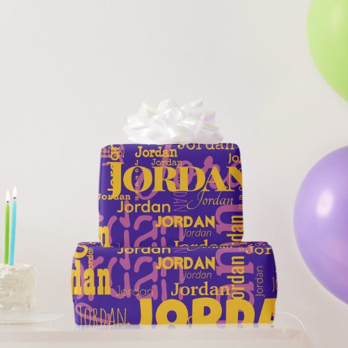 Retro Colors Repeating Name Purple Yellow Pink Wrapping Paper