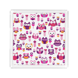 retro colourful owl bird pattern acrylic tray