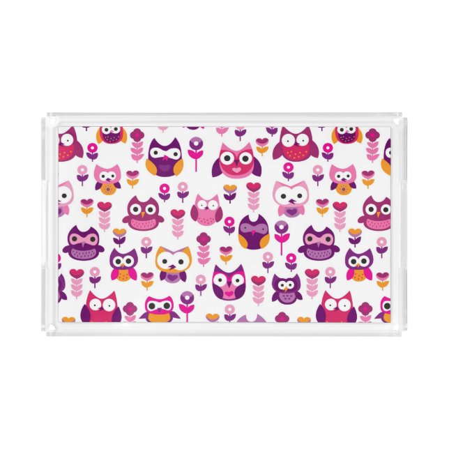 retro colourful owl bird pattern acrylic tray (Front)