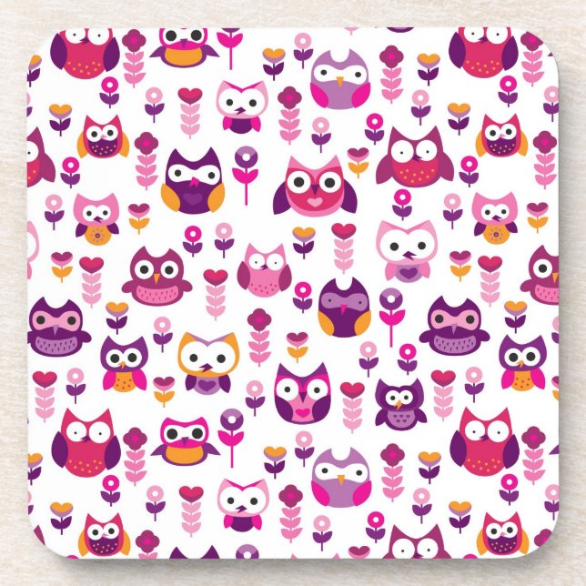retro colourful owl bird pattern drink coaster (Front)