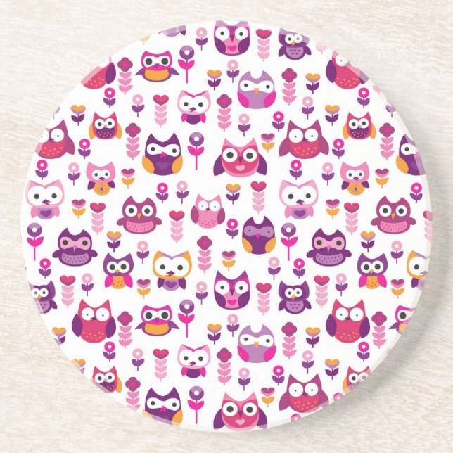retro colourful owl bird pattern drink coaster (Front)