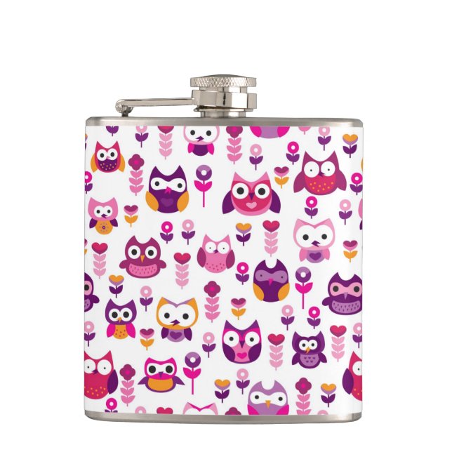 retro colourful owl bird pattern flask (Front)