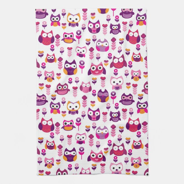retro colourful owl bird pattern kitchen towel (Vertical)
