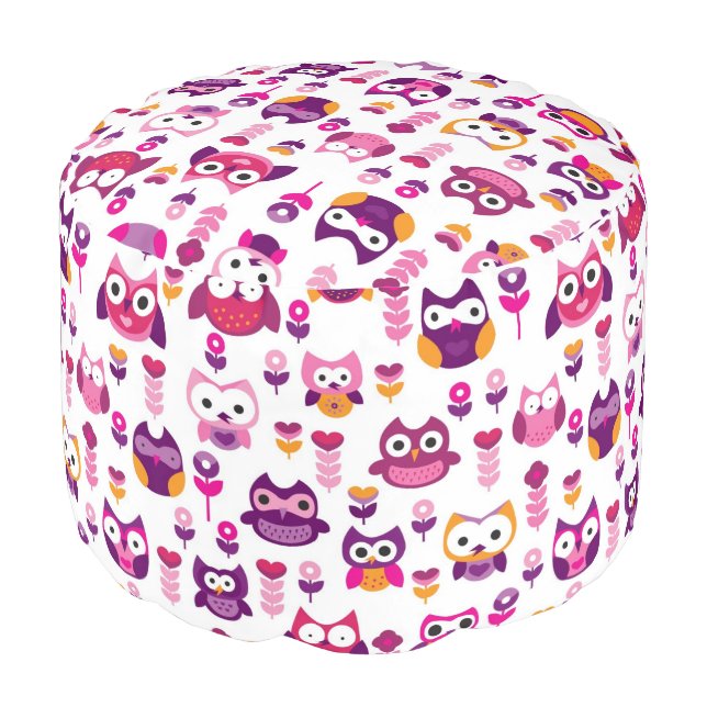 retro colourful owl bird pattern pouf (Angled Front)
