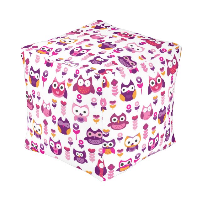 retro colourful owl bird pattern pouf (Angled Front)