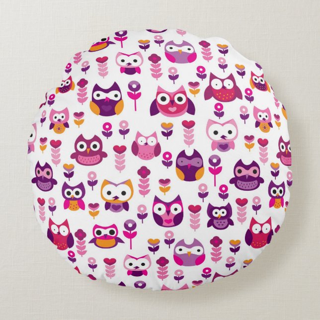 retro colourful owl bird pattern round pillow (Front)