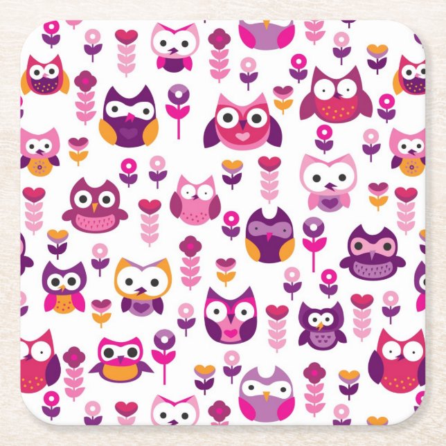 retro colourful owl bird pattern square paper coaster (Front)