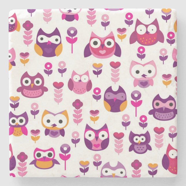 retro colourful owl bird pattern stone coaster (Front)