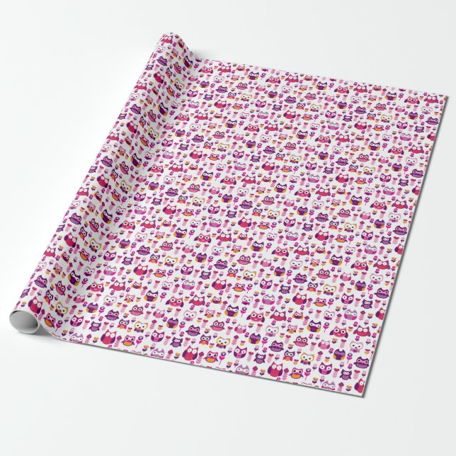 retro colourful owl bird pattern wrapping paper (Unrolled)