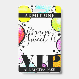 Retro Comic Balloons Sweet 16 Party VIP Pass Badge
