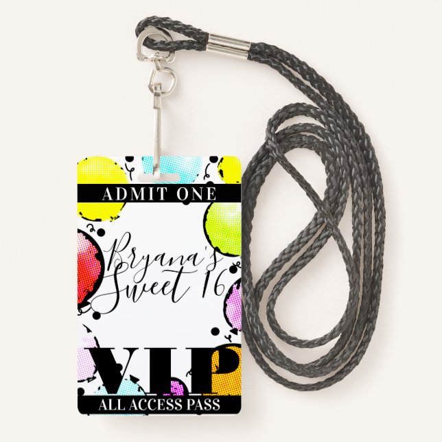 Retro Comic Balloons Sweet 16 Party VIP Pass Badge (Front with Lanyard)
