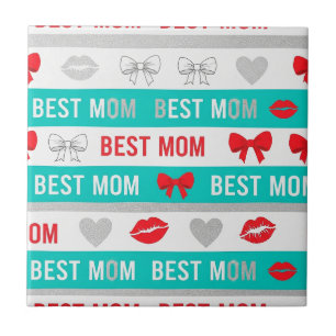 Retro Comic Best Mom Hearts Lips Bow Ceramic Tile