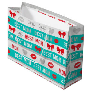 Retro Comic Best Mom Hearts Lips Bow Large Gift Bag