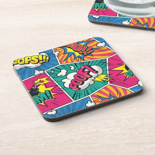 Retro Comic Book Pop Art Onomatopoeia Beverage Coaster (Left Side)
