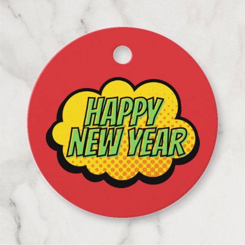 Retro Comic Book Style Happy New Year Favor Tags