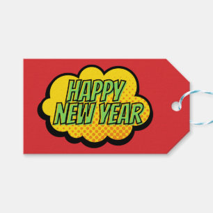 Retro Comic Book Style Happy New Year Gift Tags