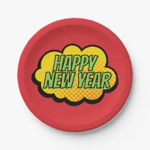 Retro Comic Book Style Happy New Year Paper Plate