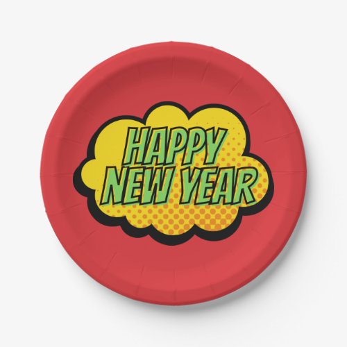 Retro Comic Book Style Happy New Year Paper Plate