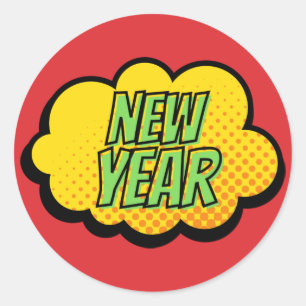 Retro Comic Book Style New Year Classic Round Sticker